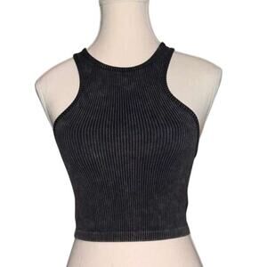 Bozzolo Ribbed High Neck Crop Tank Top Women's Charcoal Gray Sleeveless - S/M